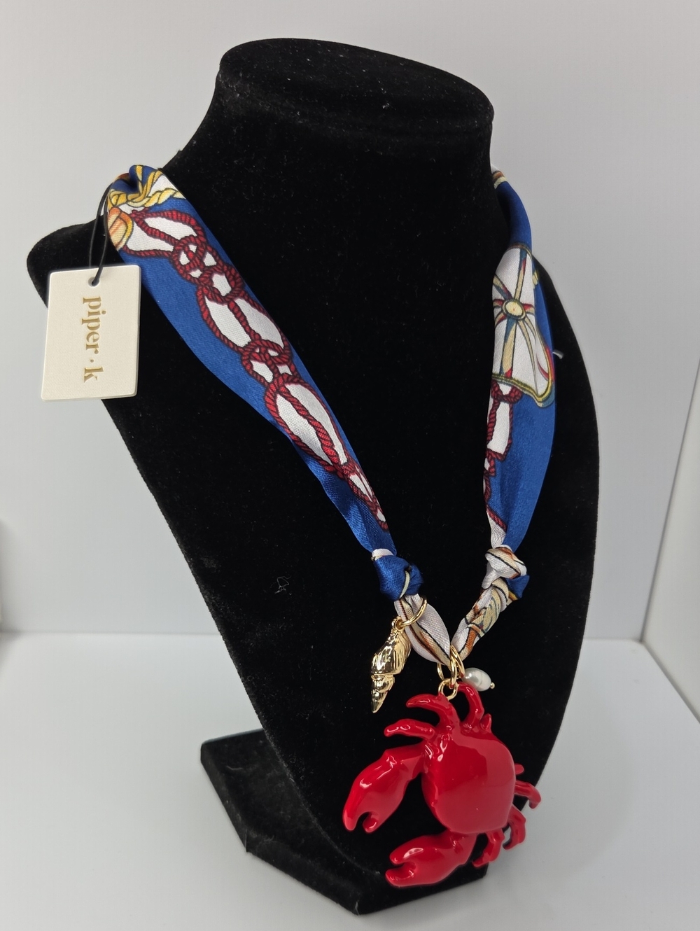 💙▪️🦀Piper K▪️ Nautical Blue Adjustabel Scarf Red Crab Pendant Pearl Necklace - Picture 8 of 12